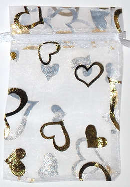 White with gold hearts organza bags 90mm x 65mm (10pcs)