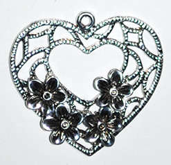Silver heart & flower pendant 32mm x 34mm (1pc)