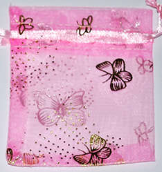 Pink with gold butterfly  organza bags 90mm x 65mm (10pcs)