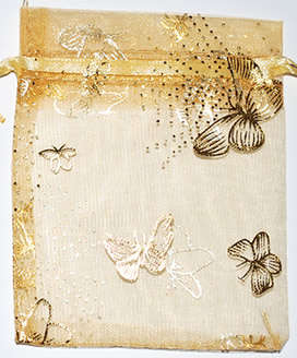 Gold with gold butterfly  organza bags 100mm x 75mm (10pcs)