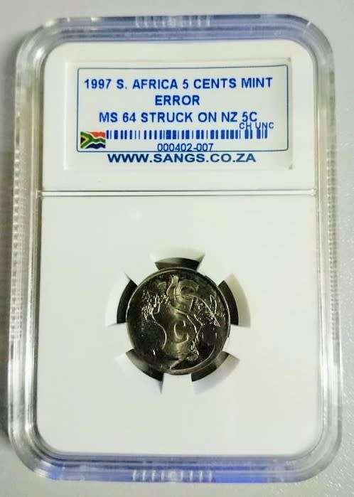 1997 South Africa and New Zealand hybrid error 5c. MS 64. Cupro-nickel. Non-magnetic.Milled edge