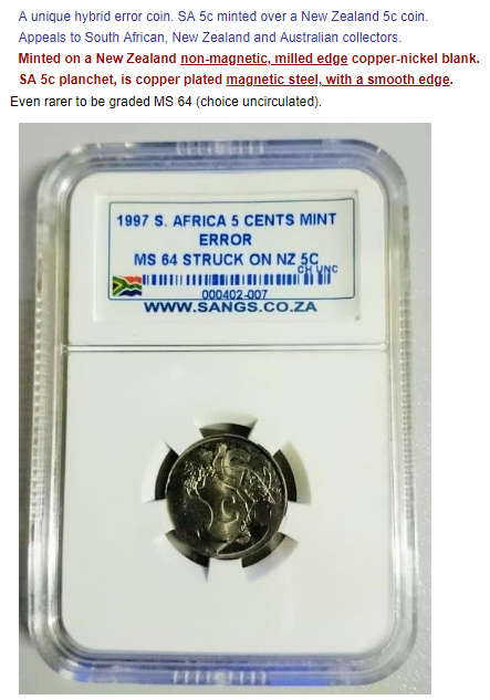 1997 South Africa and New Zealand hybrid error 5c. MS 64. Cupro-nickel. Non-magnetic.Milled edge