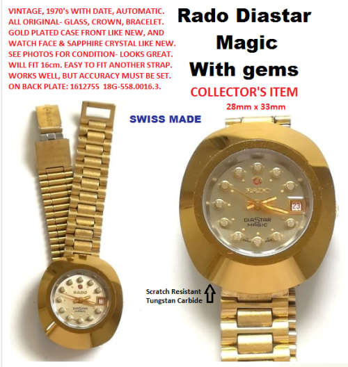 Vintage Rado Diastar Magic.Scratch resistant tungsten carbide case, sapphire crystal, gems on face.