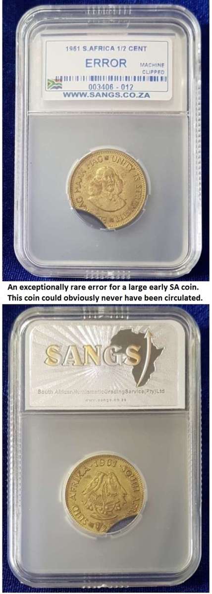 1961 SA half cent. Machine clipped planchet- error. Exceptionally rare for a large and early SA coin