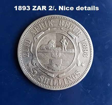 The very rare 1893 ZAR 2 Shillings / Two Shillings. Nice details. UNC = R200 000, EF = R50 000