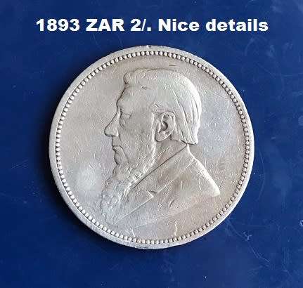 The very rare 1893 ZAR 2 Shillings / Two Shillings. Nice details. UNC = R200 000, EF = R50 000