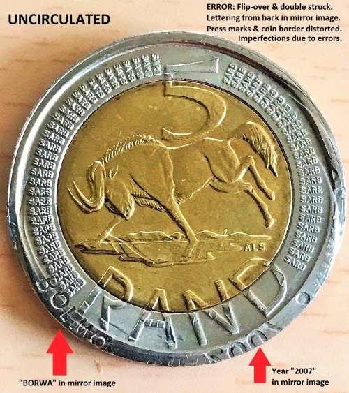 Major errors 2007 SA R5 UNC coin. The very rare flip-over & double stamp errors.