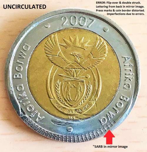 Major errors 2007 SA R5 UNC coin. The very rare flip-over & double stamp errors.