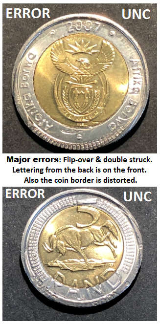 Major errors 2007 SA R5 UNC coin. The very rare flip-over & double stamp errors.