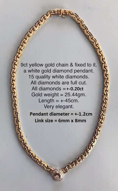 Top condition 9ct yellow gold Italian chain and white gold diamond pendant- one piece. Very stylish