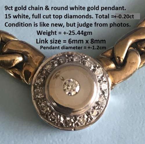 Top condition 9ct yellow gold Italian chain and white gold diamond pendant- one piece. Very stylish