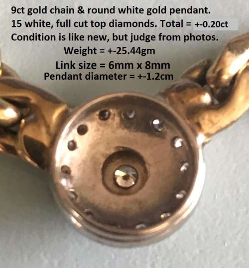 Top condition 9ct yellow gold Italian chain and white gold diamond pendant- one piece. Very stylish