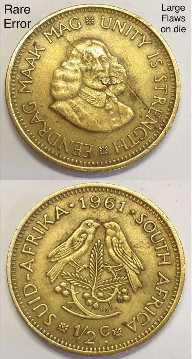 Rare error 1961 SA Half Cent. Big flaw on die.