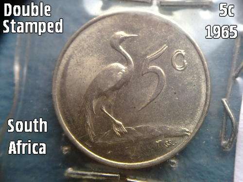 Rare Error- double stamped front of a 1965 SA 5c South Africa WITH an original old newspaper article