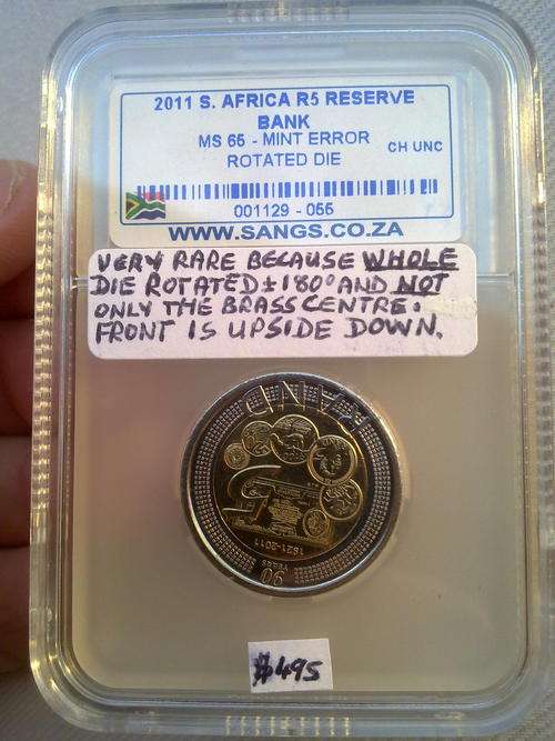 Very rare error 2011 SARB R5 coin MS65. The whole obverse is rotated not only brass centre.