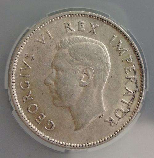 1943 SA florin AU 53. Rare huge die crack error behind head on Imperator