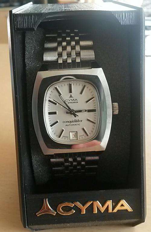 Rare and collectible vintage, but unused Cyma still in it's display box. Swiss made