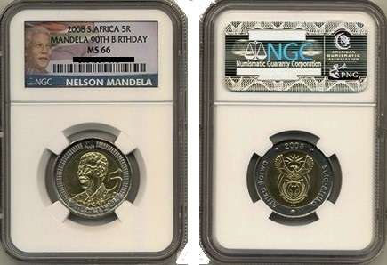 Latest colour label NGC graded MS 66 Mandela 90th b/day 2008 R5 coin