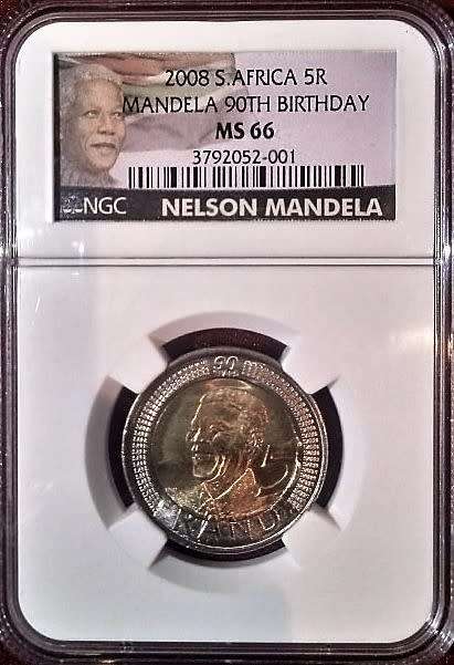 Mandela 2008 R5 90th birthday NGC graded MS66 - colour label