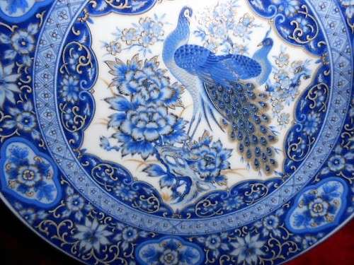 Imari Plate in Cobalt Blue and Gold  decorated with Peacock and Peony Flowers  B5