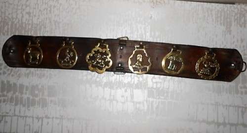 Antique Horizontal Horse Brass leather strap/harness with 6 Brasses