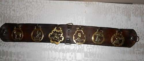 Antique Horizontal Horse Brass leather strap/harness with 6 Brasses