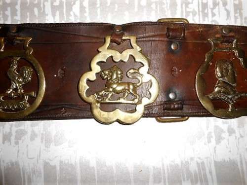 Antique Horizontal Horse Brass leather strap/harness with 6 Brasses