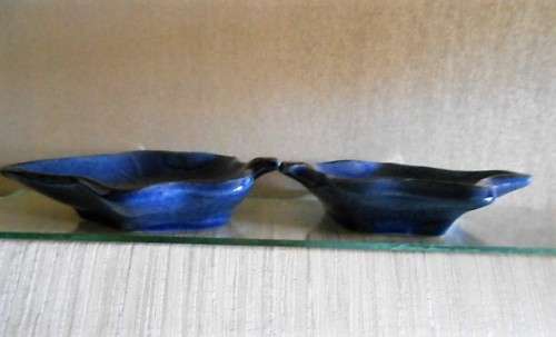 5 French Maple Leaf Shaped Condiment/ Butter/ Pate Bowls  - Blue with Pate Knife