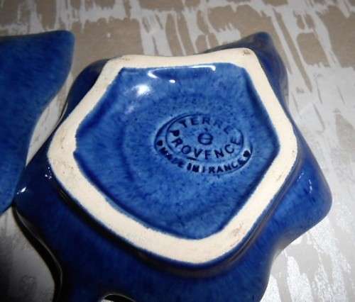 5 French Maple Leaf Shaped Condiment/ Butter/ Pate Bowls  - Blue with Pate Knife