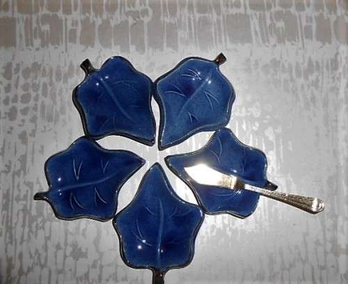5 French Maple Leaf Shaped Condiment/ Butter/ Pate Bowls  - Blue with Pate Knife