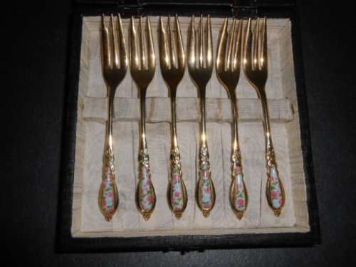 Boxed set of 6 Eetrite 24kt Gold Plated Cake forks with floral  pattern and  Decals c32