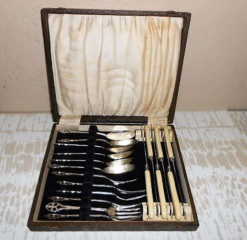 Gorgeous Boxed Genuine Bone Handle  & Plated Fruit Set. Dessert spoons, Forks, Knives c13