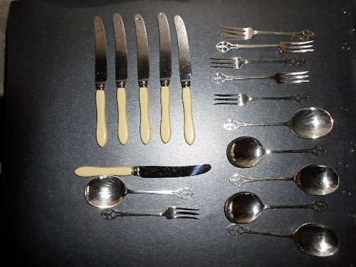Gorgeous Boxed Genuine Bone Handle  & Plated Fruit Set. Dessert spoons, Forks, Knives c13