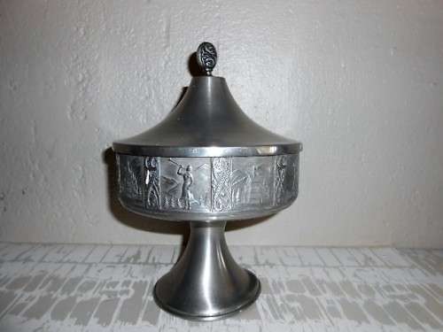 VINTAGE NORSE PEWTER PEDESTAL LIDDED BOWL WITH VIKING? EMBOSSED SCENE