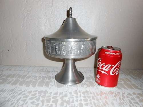 VINTAGE NORSE PEWTER PEDESTAL LIDDED BOWL WITH VIKING? EMBOSSED SCENE
