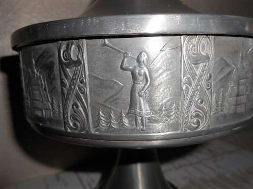 VINTAGE NORSE PEWTER PEDESTAL LIDDED BOWL WITH VIKING? EMBOSSED SCENE