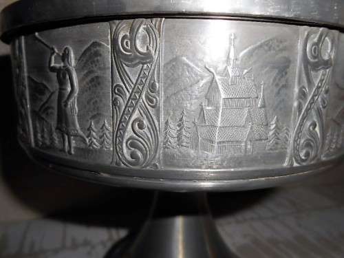 VINTAGE NORSE PEWTER PEDESTAL LIDDED BOWL WITH VIKING? EMBOSSED SCENE