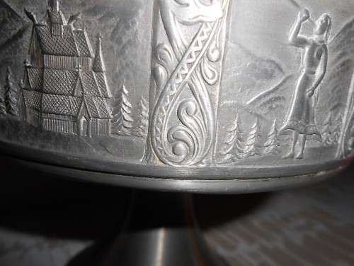 VINTAGE NORSE PEWTER PEDESTAL LIDDED BOWL WITH VIKING? EMBOSSED SCENE