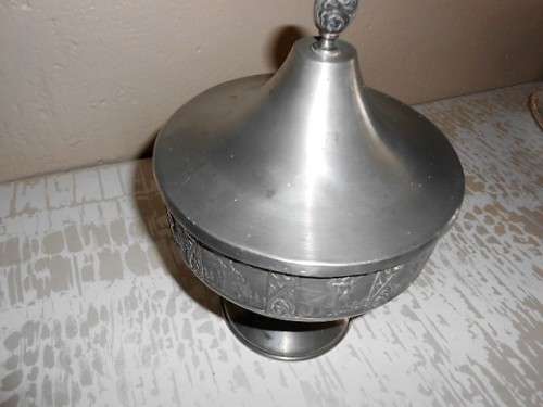 VINTAGE NORSE PEWTER PEDESTAL LIDDED BOWL WITH VIKING? EMBOSSED SCENE