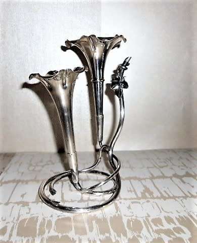 Antique Art Nouveau Silver Plated Double Trumpet Flower Epergne
