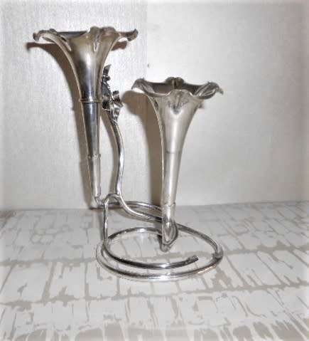 Antique Art Nouveau Silver Plated Double Trumpet Flower Epergne