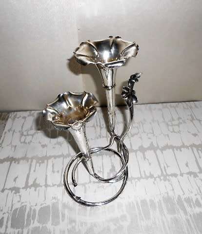 Antique Art Nouveau Silver Plated Double Trumpet Flower Epergne