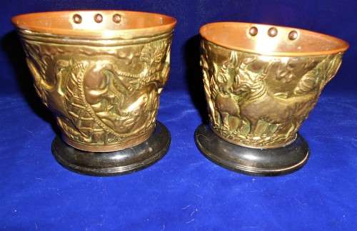 Pair Replica Mycenaean Vapheio Cups Hand Made Repousse Relief