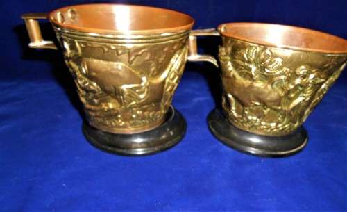 Pair Replica Mycenaean Vapheio Cups Hand Made Repousse Relief