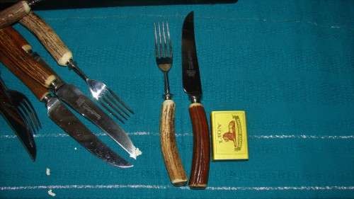 Sheffield John Radcliffe &Co Stag Antler Carving Set  Hand ground and Lewis Rose &Co 6x Knives and F