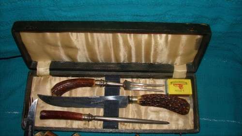 Sheffield John Radcliffe &Co Stag Antler Carving Set  Hand ground and Lewis Rose &Co 6x Knives and F