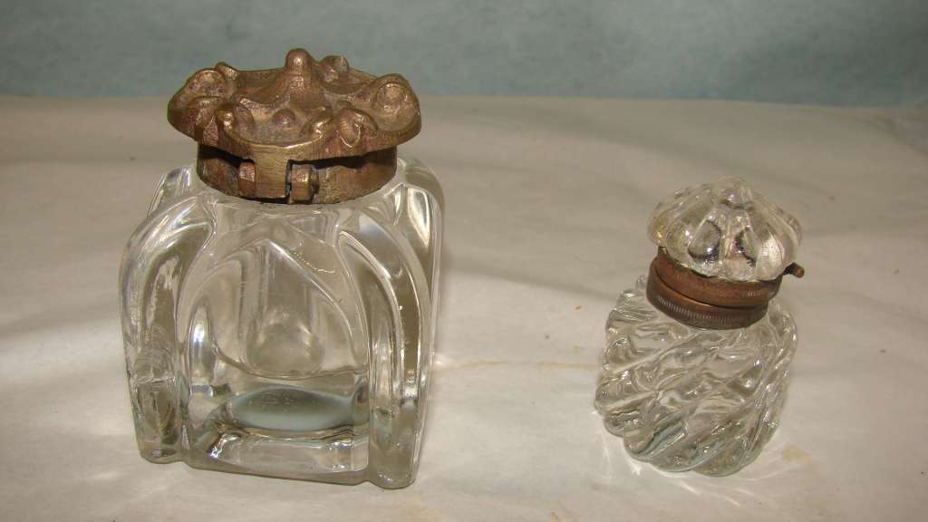 Pair of Desk Glass Inkwells. Pressed and Crystal  with Lids