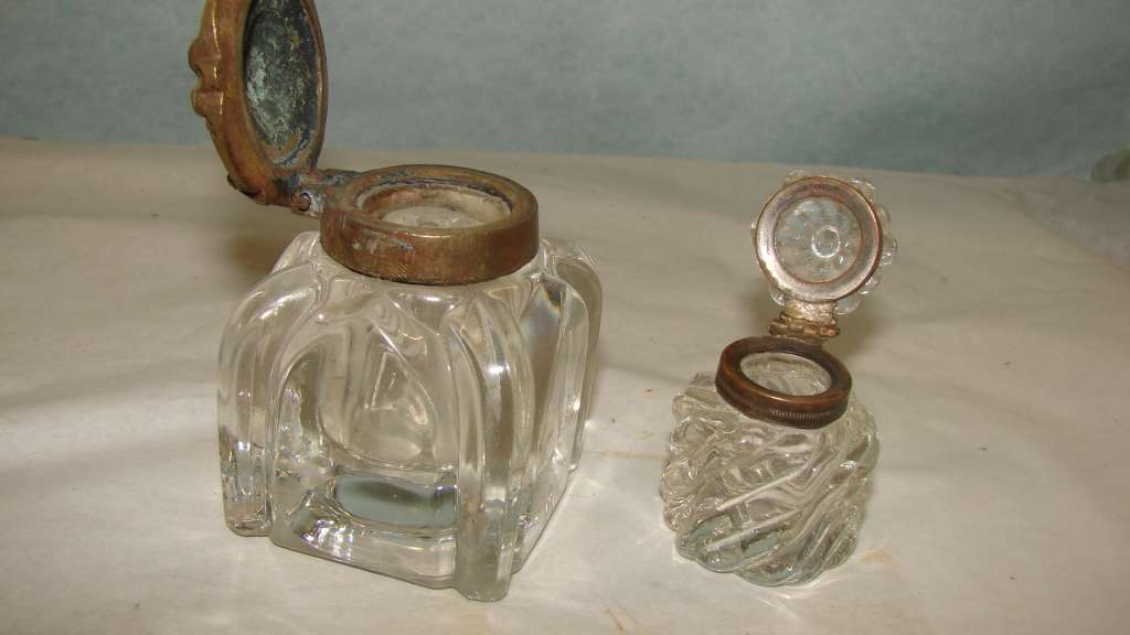Pair of Desk Glass Inkwells. Pressed and Crystal  with Lids