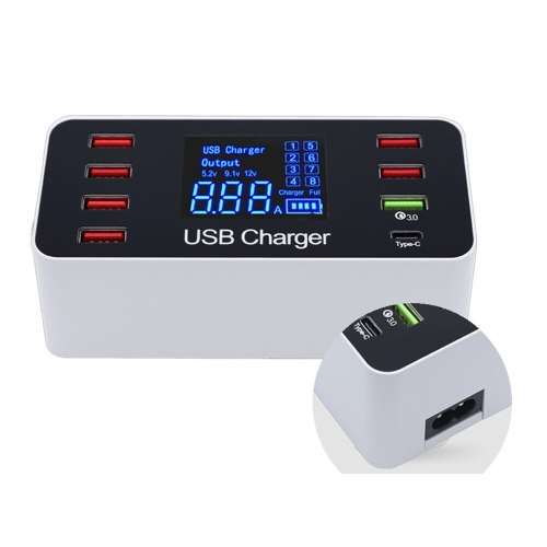 8 Port USB 2.0 + 3.0 + Type-C Intelligent Fast Charging Station Smart Charger