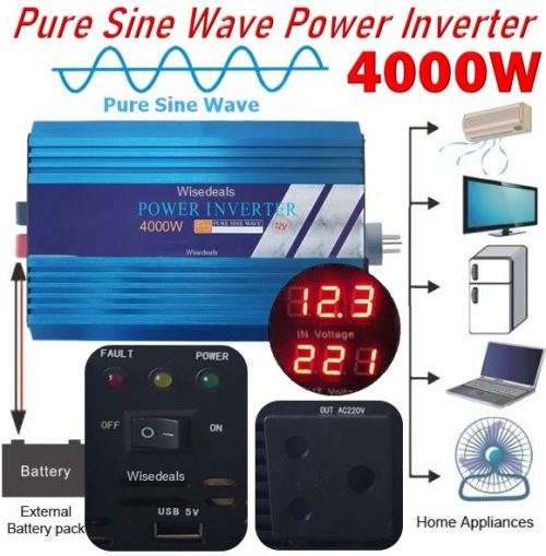 4000W Power Inverter 12V DC to 220V AC 4Kw Purew Sine Wave